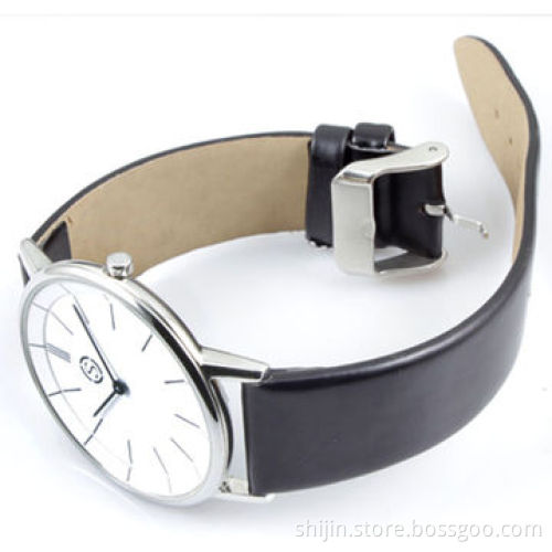 Ultra-thin stainless steel watch with genuine leather band, for men